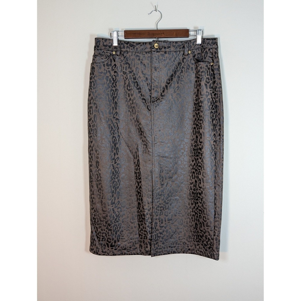 Zac & Rachel Womens Leopard Print Faux Leather Midi Pencil Skirt Brown Size 14